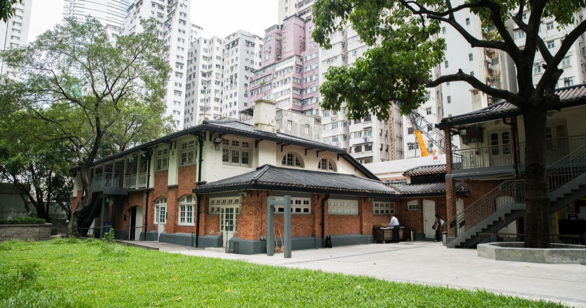 Exterior of Oi! surrounded by trees and buildings.