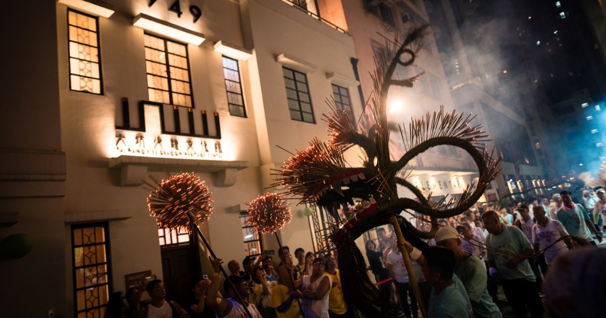 The Tai Hang Fire Dragon Dance performing outside the Tai Hang Fire Dragon Heritage Centre.